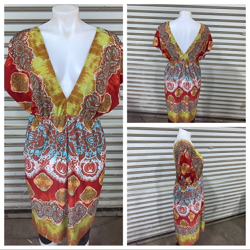 Maurice’s dress career deep v front and back floral geometric design size XL